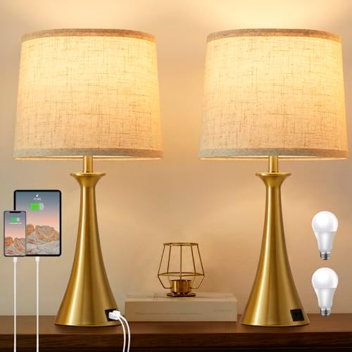Touch Table Lamps Set of 2, 21" Bedside Lamps with USB C+A, Gold by Hikczc