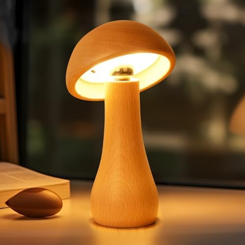 LONRISWAY 2 Pack Wooden Mushroom Lamp, Portable Cordless Small Rechargeable Battery Operated Lamp,Stepless Dimming,Night Light for Birthday Gifts - Image 2