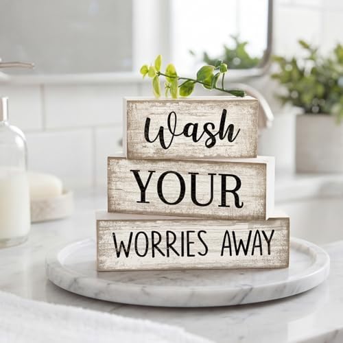 Moucuny 3 Pcs Laundry Room Decor Wood Block Signs Wash Your Worries Away - Image 2