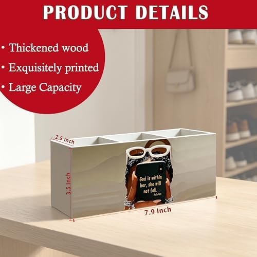Inspirational Christian Black Girl Woman Makeup Brush Toothbrush Holder, African American Gifts, God is Within Her Bible Verse Wood Signs Pen Pencil Holder Organizer Desk Accessories - Image 6