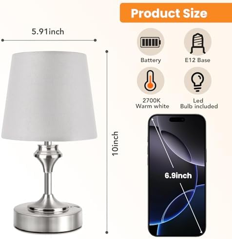NIORSUN Portables Cordless Table Lamp, 10.2" Battery Operated Lamp, Bedside Table Lamp with Warm White,3 Way Dimmable Touch Desk Lamp for Bedroom Living Room Restaurant Whtie Shade (Silver) - Image 4