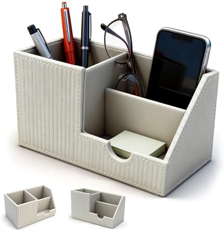 Desk Organizer Pen Holder, Aesthetic Striped White Small Organizer, Multi Slot Pencil Holder For Desk Office Desktop Stationery & Remote control Storage by Unknown