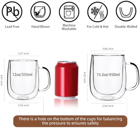 CNGLASS Glass Coffee Mugs 12oz,Double Wall Insulated Mug Set with Handle,Clear Glass Espresso Mugs for Latte,Cappuccino,Tea Bag,Hot and Cold Beverages,Set of 2 - Image 3