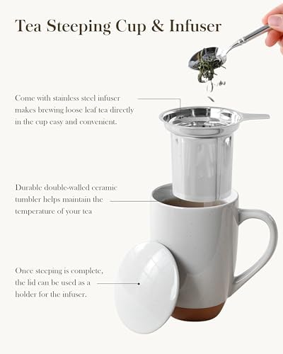 MALACASA Ceramic 18 oz Tea Mug with Lid and Infuser, Khaki Gray - Image 5