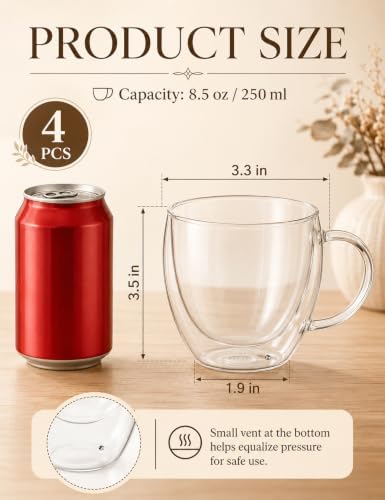 8.5oz Double Walled Glass Coffee Mugs with Handles, Set of 4 - Image 2