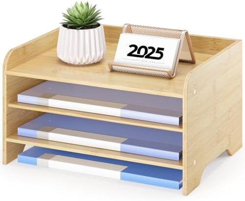 Bamboo File Organizer for Desk, Paper Tray with Pen Holder by WisuceHome