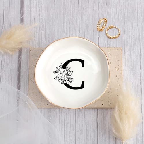 JoycuFF Initial C Ceramic Jewelry Tray, Bridesmaid Bride Gifts, Mothers Day Christmas Anniversary Engagement Birthday Gifts for Women Couples, Trinket Dish for Rings Earrings Necklaces Bracelets Keys - Image 2