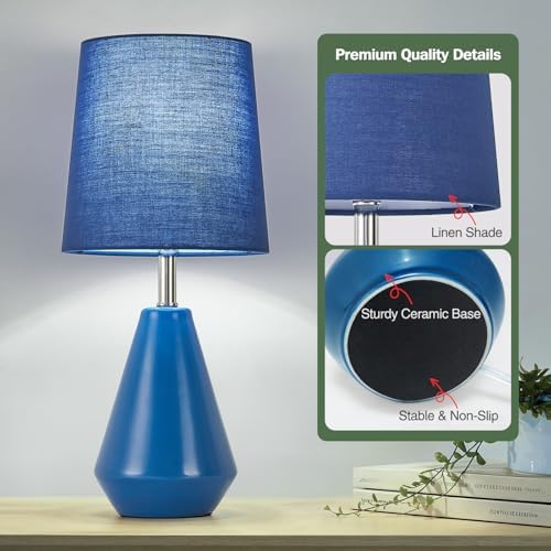 Small Bedside Table Lamp for Bedroom - Reading Desk Lamp with 3 Color Temperatures，15.5" Nightstand Ceramic Lamp with Fabric Shade for Kids Room,Living Room,Dorm,Home Office (Blue) - Image 5