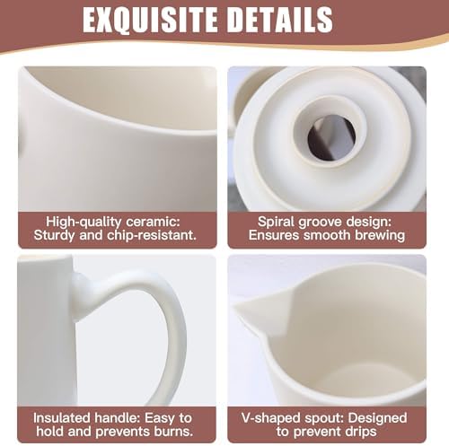 Ceramic Pour Over Coffee Maker Dripper - Uses Standard #2 & #4 Paper Filters, 450ml/15oz, White, Barista Style for Home & Office - Image 3
