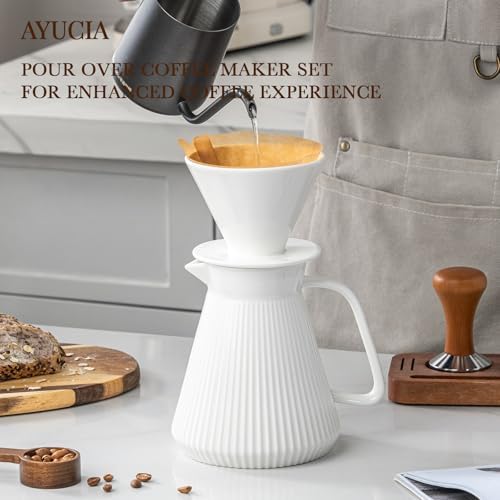 Pour Over Coffee Maker Set, Ceramic Coffee Dripper with Pot Set, 22OZ White Cream Pour Over Coffee Brewer for Home Café Restaurant Camping, Size 02 - Image 2