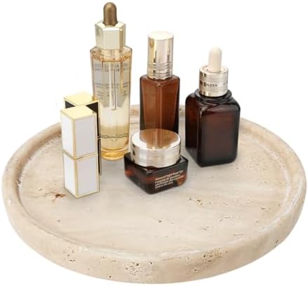 Travertine Tray, Small Ceramic Vanity Tray for Bathroom Counter Decor, Round Marble Decorative Trays for Coffee Table (Beige, Large Size) by Unknown