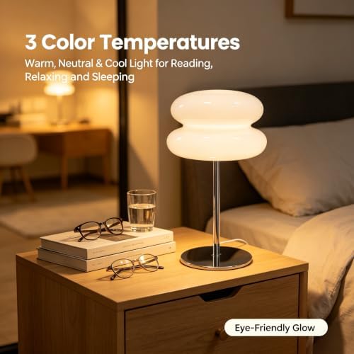 Bedroom Mushroom lamp, Medieval Modern Bedside Table lamp, dimmable Retro Egg Tart Headlight, Unique Home Mushroom Decoration Aesthetic Lovely Living Room Desk lamp (White) - Image 3