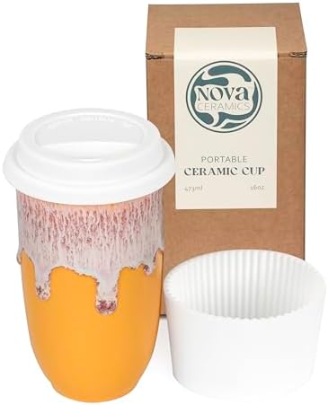 NOVA CERAMICS Ceramic Tumbler– Ceramic Travel Mug With Lid – Microwave & Dishwasher Safe Coffee White & Orange Tumbler - Gifts For Women Men Him Her – 16oz – Grapefruit by NovaCeramics