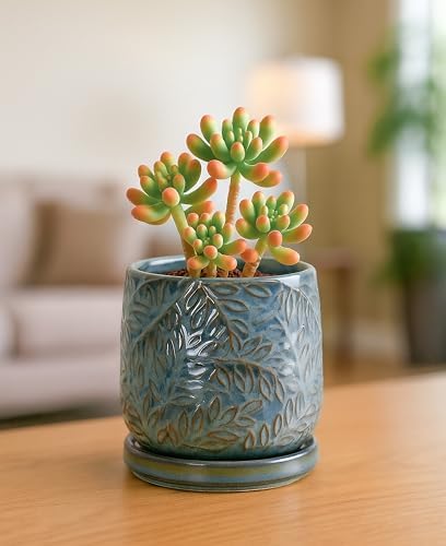 D'vine Dev Embossed Leaves Ceramic Planter, 4 in, Ocean Teal, 27-A-Z-8 - Image 6