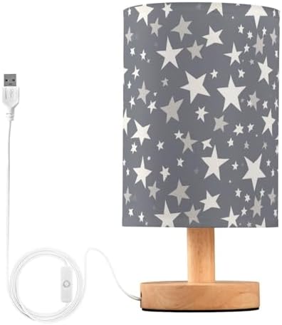 White Stars on Grey Background Bedside Table Lamps with USB Port for Bedroom Lamp Small Nightstand Lamp Sturdy Linen Shade Wooden Base Decorative Lamps for Kids Reading Dorm Home by Fustylead