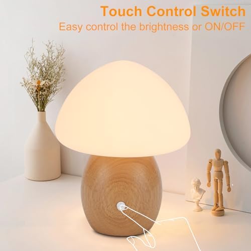 Mushroom Lamp with Touch Control Switch, Small Wooden Table Lamp with Glass Shade, 3 Way Dimmable Nightstand Lamp for Bedroom, G9 LED Bulb Included (Nature Wood&Opal White Glass Shade) - Image 4