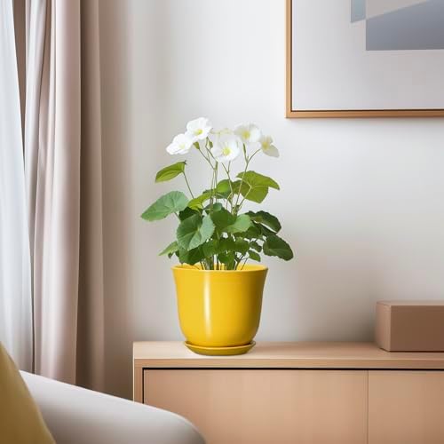 Ceramic Plant Pots - 5.6 Inch Planter with Drainage Hole and Saucer, Round Small Plant Pot for Indoor Outdoor, Modern Flower Succulent Orchid Pot, Desk Decor, Plant Lover Gifts, Yellow - Image 6