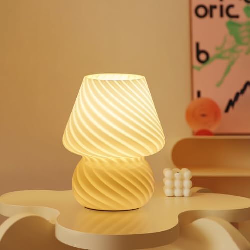 ONEWISH Mushroom Lamp-Small Bedside Table Lamp with Striped Glass, Nightstand Night Light for Bedroom Living Room, 3000K 6.5W Bulb Included, for Christmas Day, Creamy Yellow by onewish