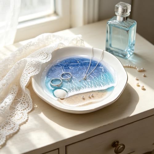 Vanity Tray, Ocean Resin Beach Wave Ceramic Jewelry Tray, Gold Trim Ring Dish Earring Holder, Small Decorative Trinket Dish for Dresser Makeup Vanity (Q) - Image 7