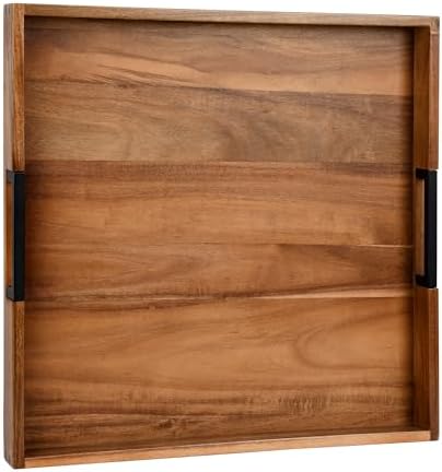 Large Ottoman Tray for Living Room and Coffee Table, Decorative Acacia Wood Serving Tray with Metal Handles for Breakfast in Bed, Dinner Food Kitchen TV (Natural, 17" x 17" x 2") by JoyGrace