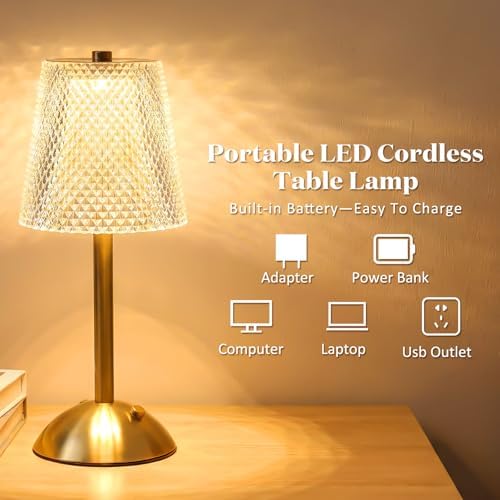 Liliful 2 Pcs Cordless Table Lamp LED Touch, Gold, Crystal Cut Style - Image 3