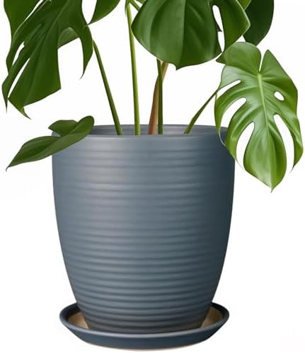 8 Inch Ceramic Plant Pot Large Planter Pot for Plants Indoor Outdoor Glaze Flower Pot with Drainage Hole and Saucer Gray by EPFamily