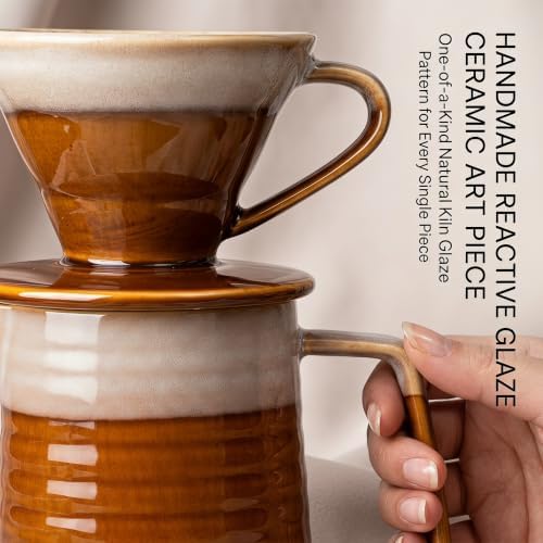 Topadorn 15oz Pour Over Coffee Maker Set, Ceramic Dripper & Carafe,Brown - Image 5