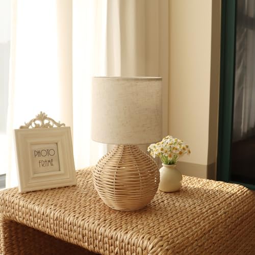 Rattan Table Lamp, Boho Farmhouse Style, Cotton Linen Lamp Shade, 6.2×6.2×11.8 Inch Small Table Lamp, with E12 LED Warm Light Bulb - Image 5