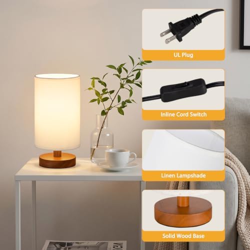 Fenmzee 8.5" Small Table Lamp for Bedroom - White Shade & Walnut Base - Image 7