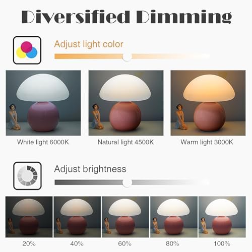 Cute Small Mushroom Lamp, PE Lampshade, Ceramic Base, Adjustable Light Color and Brightness with Power-Off Memory, Safe USB Powered, LED Mushroom Light for Bedroom Living Room (Pink) - Image 5