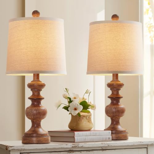 PARTPHONER Farmhouse Table Lamp Set of 2, Rustic Table Lamps for Living Room Bedroom, 22" Mid Century Modern Desk Lamp Bedside Nightstand Lamps with Linen Tapered Drum Shades, Wood Grain by PARTPHONER