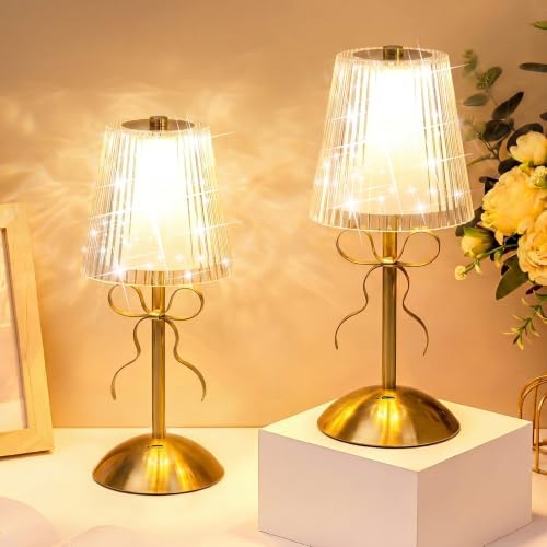 Liliful 2 Pcs Cordless Table Lamp LED Touch, Gold, Hollow Lined Style Bow by Liliful