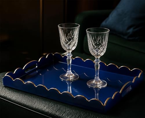 Gesodant Scalloped Glossy Plastic Lacquer Decorative Tray, 15.7 x 11.8 Inch Rectangle Serving Tray with Handles for Coffee Table, Ottoman, Bedroom Vanity, Living Room Centerpiece (Royal Blue & Gold) - Image 3