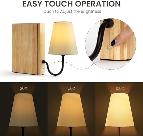 AELS Solid Wood Bookshelf Lamp with Bulb, Cordless Rechargeable Touch Dimmable Table Lamp with Linen Fabric Shade, Modern Decorative Bookend Lamp for Bedroom, Office & Bookshelf Decor, Natural - Image 3