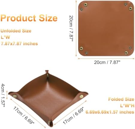 HARFINGTON PU Leather Valet Tray Unisex Folding Small Catchall Tray Portable Entryway Table Tray Nightstand Bedside Desk Tray for Key Wallet Watch Coin Jewelry Dice, Brown - Image 2
