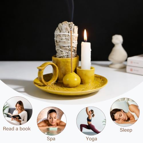 Tnstbiee 4 Inch 5-in-1 Yellow Ceramic Incense Holder,Multi-Use Smudge Tray - Image 2