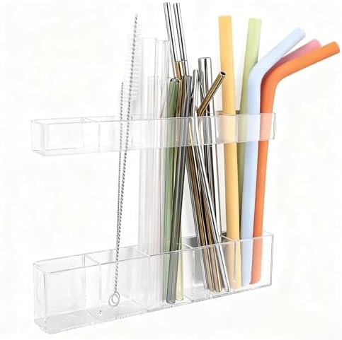 Acrylic Straw Holder for Cabinet Door - Child-Safe Organizer & Dispenser with Smooth Rounded Edges for Kitchen Accessories Storage, Adhesive Circles Included (Clear Transparent) by Unknown