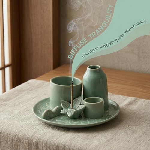5.1 Inch 4 in 1 Ceramic Incense Holder with Ash Catcher, Sage Palo Santo Burner, Mini Vase Candle Holder for Yoga Meditation Home Decor - Image 4
