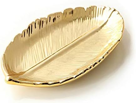 Lependor Golden Leaf Shaped Small Ceramic Jewelry Ring Dish Necklace Bracelet Holder Tray Organizer, Ceramic Decorative Trinket Dish for Wedding Party Woman Girl -Small Gold Leaf by Lependor