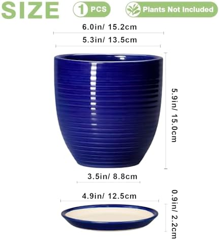 Ceramic Plant Pot - 6 Inch Pots for Plants, Round Ceramic Planters with Drainage Hole and Saucer, Decorative Flower Pots for Indoor Plants, Room Desk Decor, Housewarming Gifts, Glossy Blue - Image 2