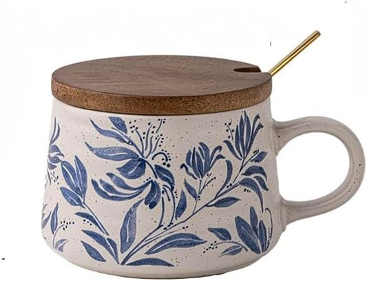 14OZ Ceramic Latte Mug, Cute Flower Coffee Mug For Women With Lid And Spoon, Retro Floral Cup For Green Tea OR Coffee,Hand Painted Floral Design Pottery Cute Mug (blue) by Unknown