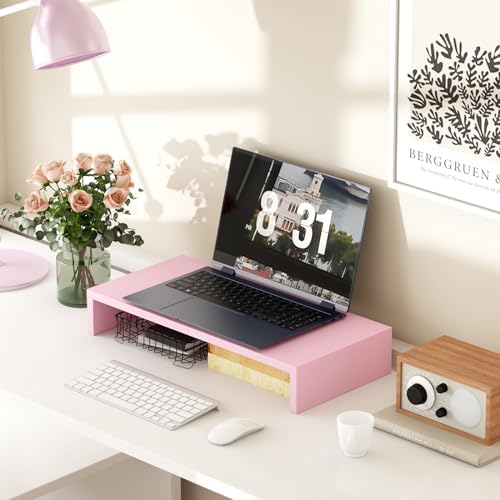 TEAMIX Pink Monitor Riser-20L inch, Wood Monitor Stand for Desk, Sturdy TV/Screen/PC/Printer/Laptop Riser,Computer Shelf with Storage TV Holder for Home Office (Pink, 20 inch) - Image 2