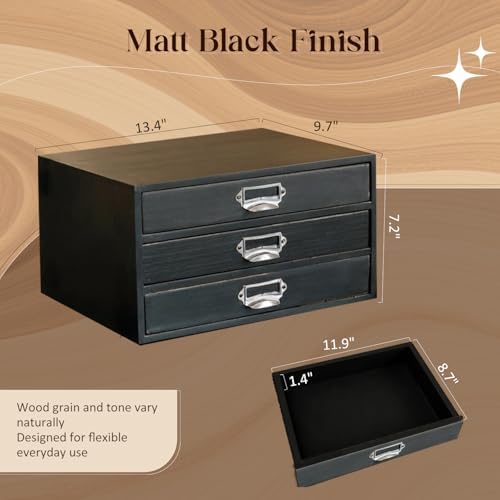 Stackable Modular Desktop Drawer Organizer, Solid Wood 3-Drawer Storage Unit with Label Pull Handles, Matte Black Japandi Style, Expandable by Adding More Units for Clutter-Free Spaces - Image 2