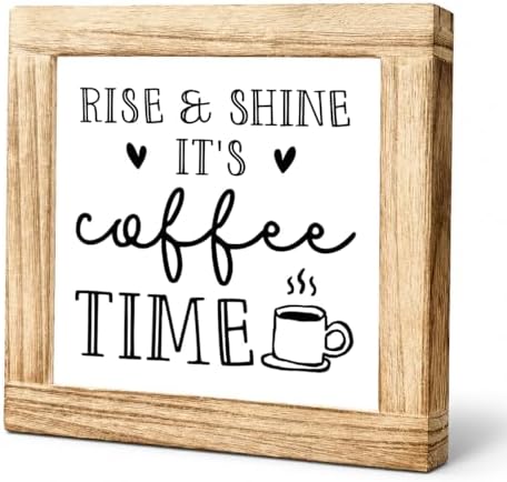 Rise And Shine Coffee Time Wood Sign, Morning Coffee Bar Decor, Farmhouse Kitchen Counter Plaque, Rustic Shelf Sitter For Breakfast Nook Coffees Station, Cozy Beverage Nook Display, 5.9 x 5.9 in by Unknown
