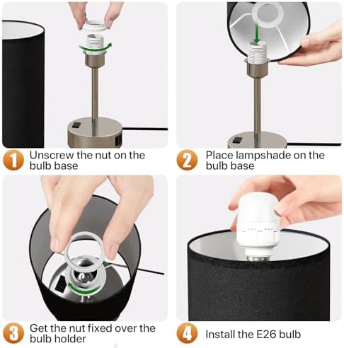 KPQ Bedside Lamp Touch Control Table Lamp with USB A+C Charging Ports & AC Outlet 3-Way Dimmable Nightstand Lamp with Linen Fabric Shade (Black Shade-Silver Base, 14" Small Size Touch Control) - Image 5