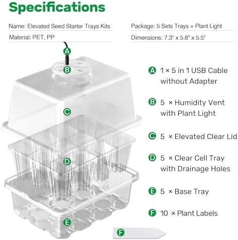 Bonviee Seed Starter Trays with 12-LED Grow Lights, Clear, 5 Pack - Image 2