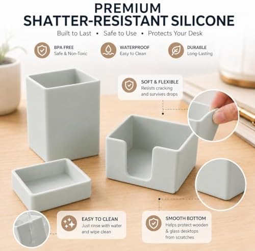 minimaliving Aesthetic Silicone Desk Organizer Set of 3,Modern Office Desk Accessories with Pen Holder,Paperclip Tray,Sticky Note Holder,Stylish Functional Office Desk Decor for Back-to-school(Grey) - Image 6
