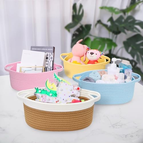 ABenkle Small Basket with Handles, Boho Decorative Rope Woven Dog Cat Toy Storage Bin Shelf Storage Organizer, Easter Christmas Gift Basket, 12"x8"x5", Brown - Image 5