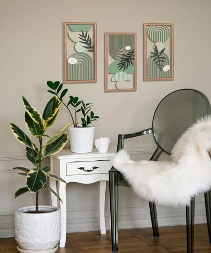 Putuo Decor Boho Wall Art Set of 3, Green Botanical Wooden Wall Decor, Abstract Aesthetic Room Decorations, Mid-Century Modern Artwork for Living Room, Bedroom, Office Green 16.5 x 8.6 inch - Image 4