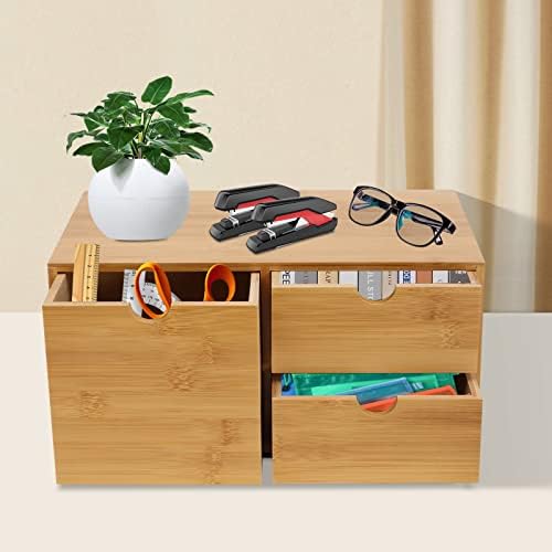 Bamboo Desk Organizer Small Retro Bamboo Tabletop Storage Box with Drawers& Recess Handles for Office Home Supplies Table Storage Collector 13 * 7.5 * 6in (3 Drawers/1 Left&2 Right) - Image 2